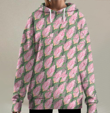 Розовые цветы протеи в пастельных тонах нежных протеи нежных, Hoodie Long Oversize 3D