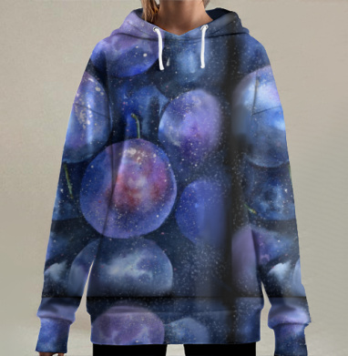 Синие акварельные сливы Космос в акварели, Hoodie Long Oversize 3D