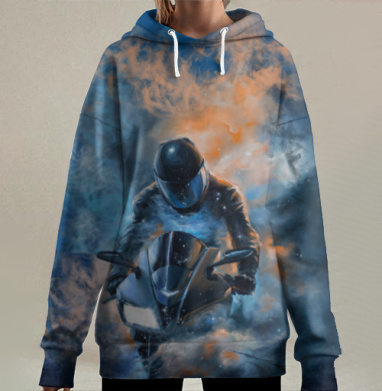 Байкер и мотоцикл в космическом дыму мотоцикл в космосе, Hoodie Long Oversize 3D