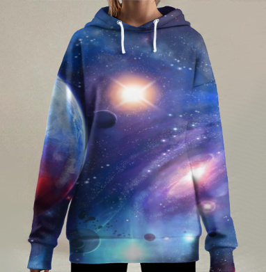 Космическая сцена планет звёзд Вселенная космос, Hoodie Long Oversize 3D