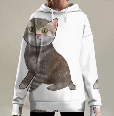 Котенок испуганный сидит задумчиво в ожидании, Hoodie Long Oversize 3D