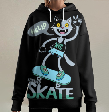 Кот на скейте, Hoodie Long Oversize 3D