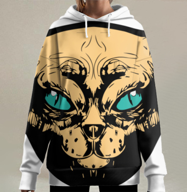 Мистический взгляд кошки в голубых глазах лица кошки, Hoodie Long Oversize 3D