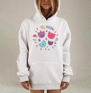 Яркие мультяшные мордочки кошек с надписью MEOW, Hoodie Mjhigh Dig, оверсайз, утепленная