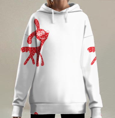 Красный забавный зверек с белыми пятнами серый фон, Hoodie Long Oversize 3D