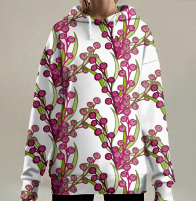 Розовые ягоды с зелёными листьями на сером фоне цветочный узор, Hoodie Long Oversize 3D