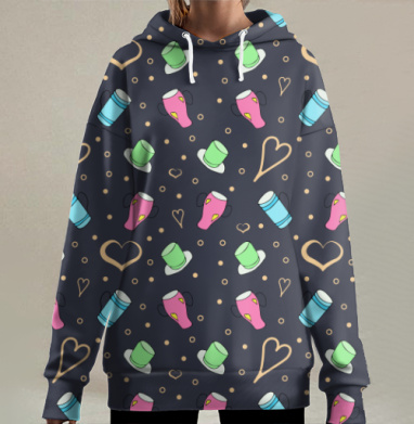 Узор с кружками и сердечками в насыщенных цветах на темном фоне, Hoodie Long Oversize 3D