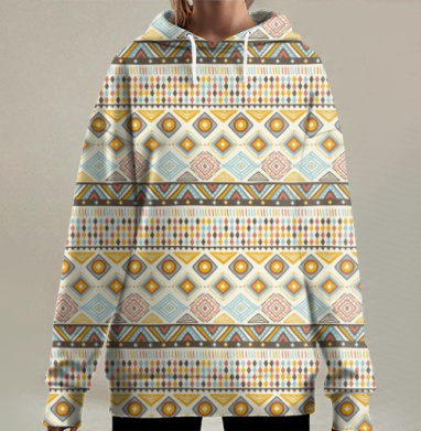 Этно орнамент с народными символами в теплых тонах, Hoodie Long Oversize 3D
