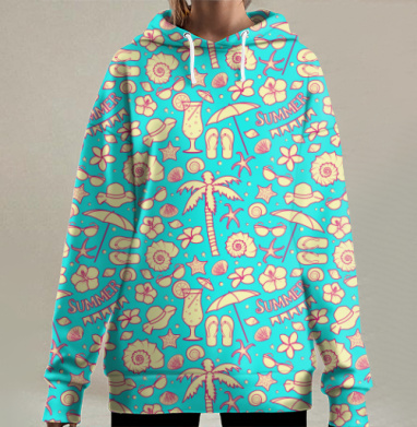 Летний морской паттерн на бирюзовом фоне, Hoodie Long Oversize 3D