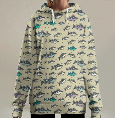 Летящие рыбы-караси хаки, Hoodie Long Oversize 3D