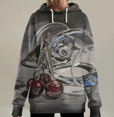 Гармония души тела с красными вишнями на столе, Hoodie Long Oversize 3D