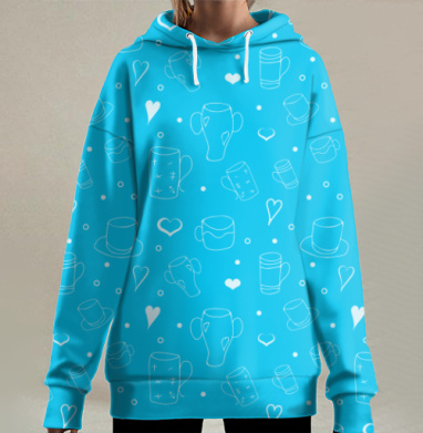 Голубой узор кружек сердечек для повседневной жизни, Hoodie Long Oversize 3D
