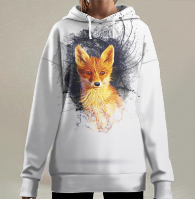 Лиса в огненном свете у черных брызг, Hoodie Long Oversize 3D