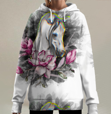 Белая лошадь с пурпурной магнолией для свободных духом, Hoodie Long Oversize 3D