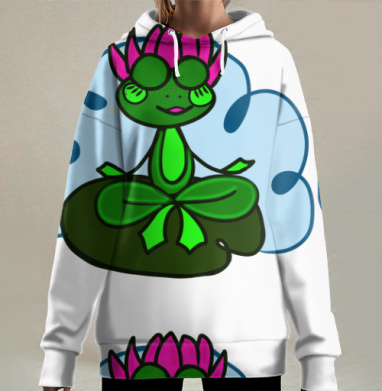 Медитирующая зелёная лягушка на листе кувшинки, Hoodie Long Oversize 3D