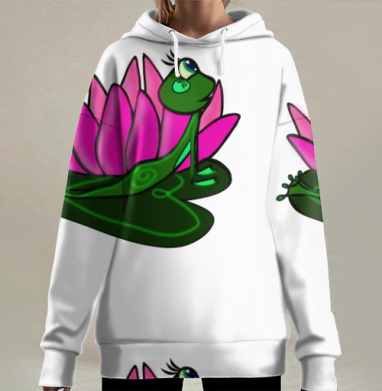 Зеленая лягушка у розового цветка на листе кувшинки, Hoodie Long Oversize 3D