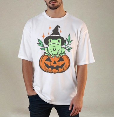 Witch Frog Pumpkin / Ведьма Лягушка Магия Хэллоуина Октябрь, Футболка / Мужчинам / Оверсайз / Белая / C принтом