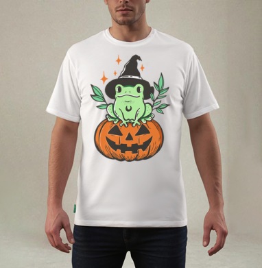 Witch Frog Pumpkin / Ведьма Лягушка Магия Хэллоуина Октябрь, Футболка мужская REGULAR белая