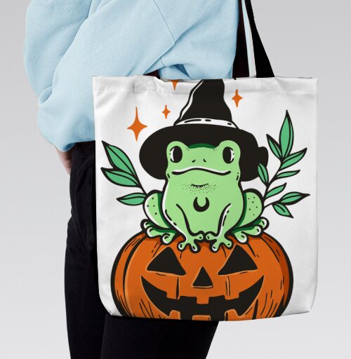 Witch Frog Pumpkin / Ведьма Лягушка Магия Хэллоуина Октябрь, Сумка с ручкой и внутренним карманом на молнии