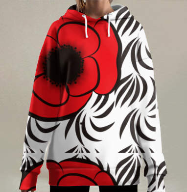 Красный Мак на Сером Фоне с Чёрными Листьями, Hoodie Long Oversize 3D