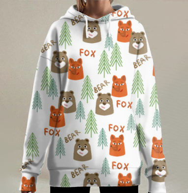 Лиса и медведь лесные животные для детского, Hoodie Long Oversize 3D