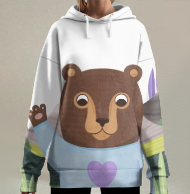 Медведь в голубом свитере с фиолетовым сердцем машет лапой, Hoodie Long Oversize 3D