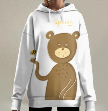 Весенний медведь с пчелой и надписью весна на фоне, Hoodie Long Oversize 3D