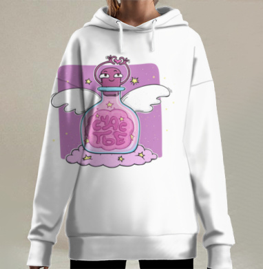 Волшебная бутылочка счастья с крыльями и позитивом счастья, Hoodie Long Oversize 3D