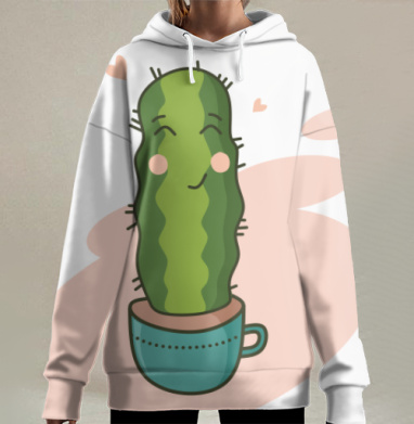 Милый кактус в голубой кружке дарит любовь, Hoodie Long Oversize 3D