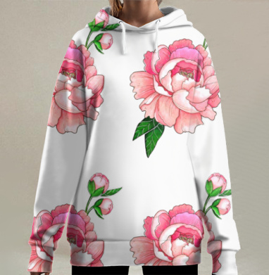 Розовый цветок на черном фоне на белом фоне, Hoodie Long Oversize 3D