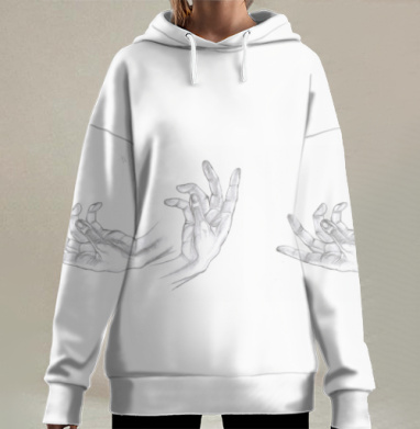 Тонкие руки в динамике манящих жестов на белом фоне, Hoodie Long Oversize 3D