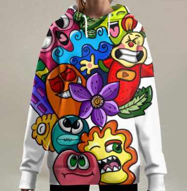 Веселые монстрики яркие забавные эмоции дудлинг, Hoodie Long Oversize 3D