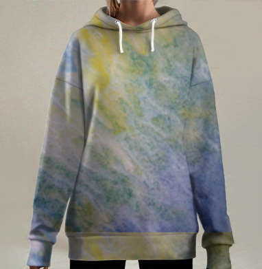 Мягкие волны зелёного голубого жёлтого движения, Hoodie Long Oversize 3D