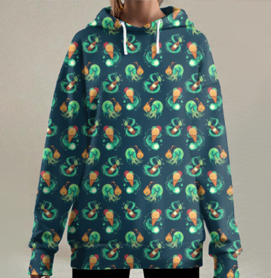 Морские медузы с мороженым и бутылками плавание под водой, Hoodie Long Oversize 3D