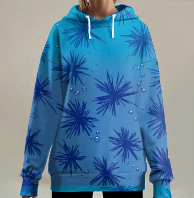 Синие морские ежики под водой медленно опускаются на дно, Hoodie Long Oversize 3D