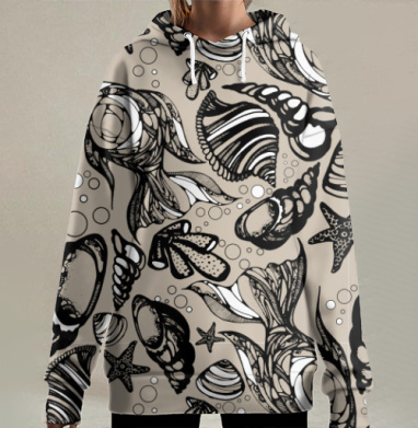 Коллекция морских ракушек бежевые черные узоры, Hoodie Long Oversize 3D