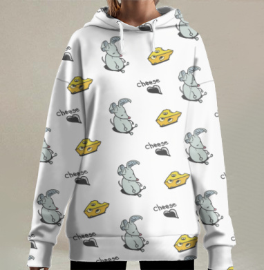 Мыши и желтый сыр на сером фоне с юмором, Hoodie Long Oversize 3D