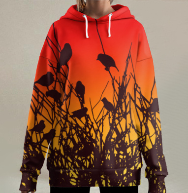Силуэты птиц на вечерних ветвях, Hoodie Long Oversize 3D