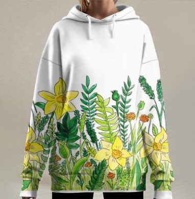Желтые нарциссы и зелень среди трав весенних цветов, Hoodie Long Oversize 3D