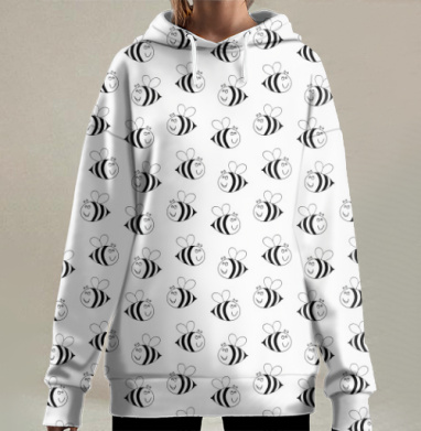 Веселые черно-белые пчелы летят в ряд весело, Hoodie Long Oversize 3D