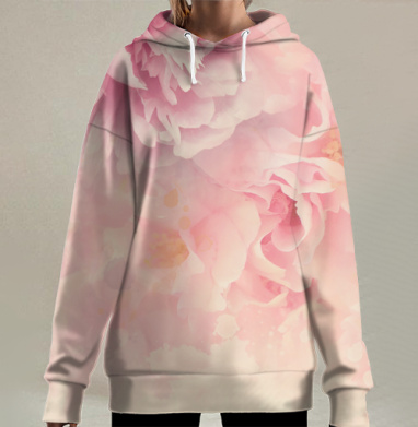 Нежные розовые пионы в акварельном стиле создают гармонию нежности, Hoodie Long Oversize 3D