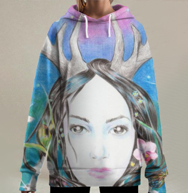 Женское лицо с рогами и совами на фоне луны, Hoodie Long Oversize 3D