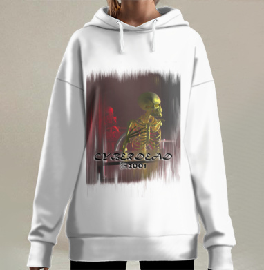 Кибернетический скелет в кресле с иероглифом волка в мрачном фьючерсе, Hoodie Long Oversize 3D