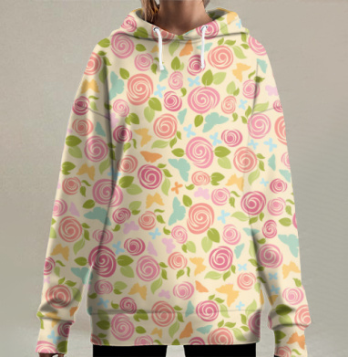 Весенние розы и бабочки в нежнейших пастельных тонах, Hoodie Long Oversize 3D