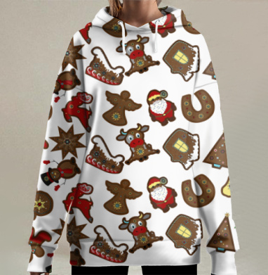 Рождественские пряники коричневый декоративный уют, Hoodie Long Oversize 3D