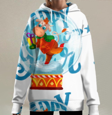 Веселый новогодний бычок в голубом шаре, Hoodie Long Oversize 3D