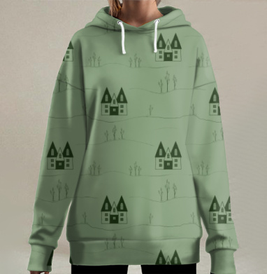 Спокойный зеленый пейзаж с деревнями и двумя цветами, Hoodie Long Oversize 3D