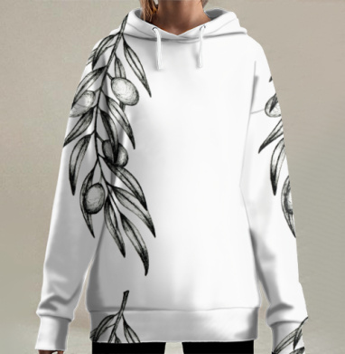 Ветка оливкового дерева с плодами и листьями нежный рисунок, Hoodie Long Oversize 3D