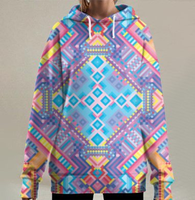Цветной геометрический узор с симметрией и деталями калейдоскопа, Hoodie Long Oversize 3D