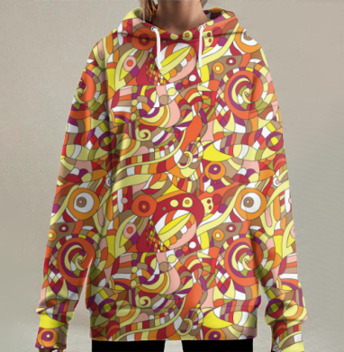 Психоделический орнамент с яркой геометрией, Hoodie Long Oversize 3D